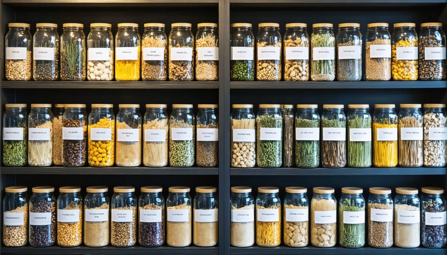 Community seed library showing organized shelves with labeled glass jars containing various seeds
