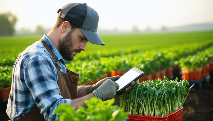 Farmer using tablet computer while standing in organic vegetable field
