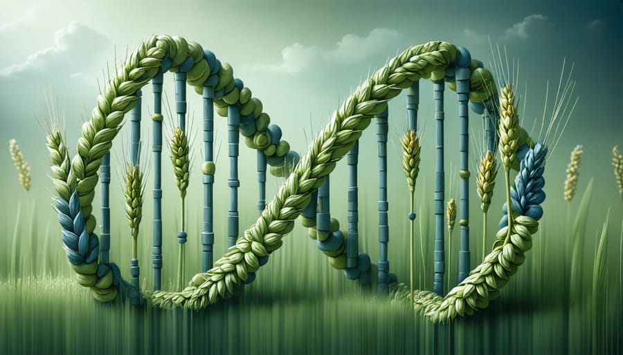 Artistic representation of DNA strands transforming into wheat plants