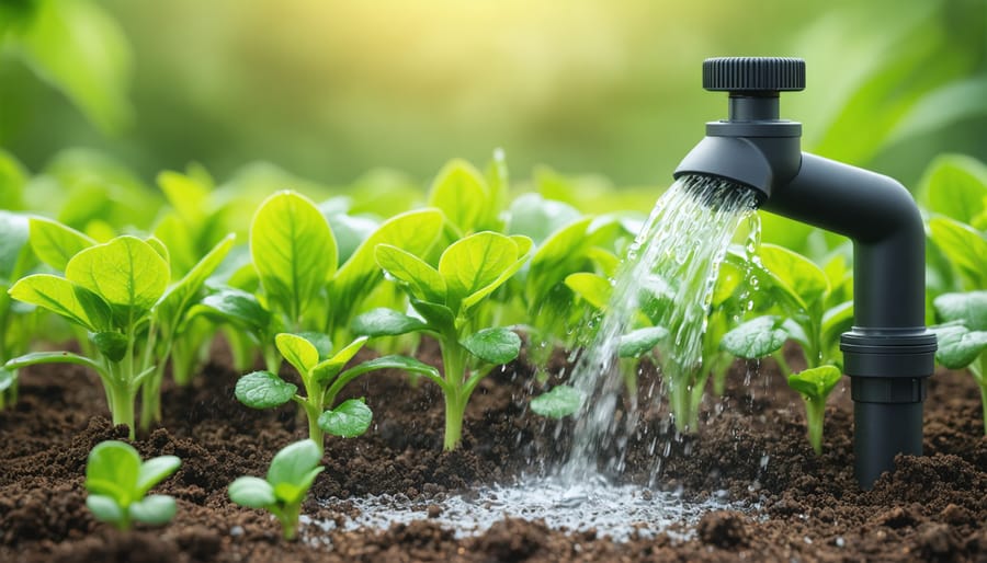 Close-up of drip irrigation emitter releasing water onto soil