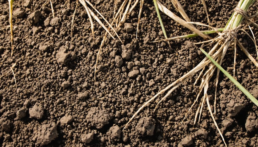 Close-up of rich soil with visible organic matter and crop residue