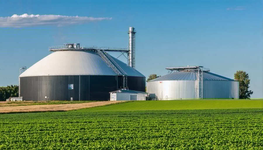 Agricultural biogas facility with storage tanks and processing equipment on farm property
