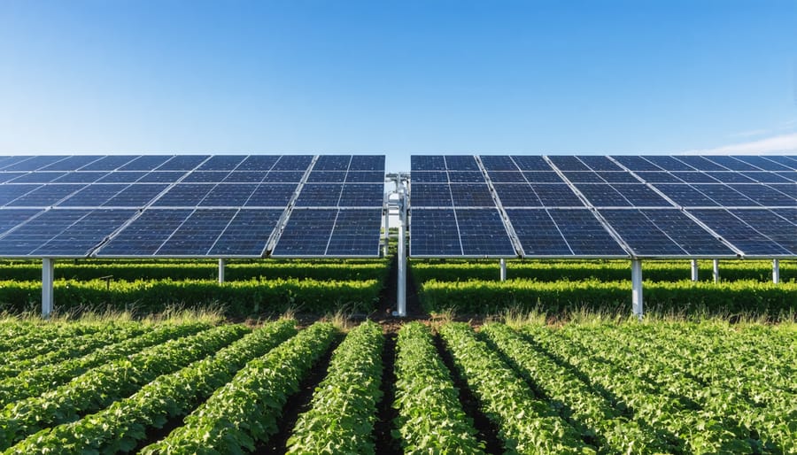 Large-scale solar panel installation on active farmland with wheat fields in background