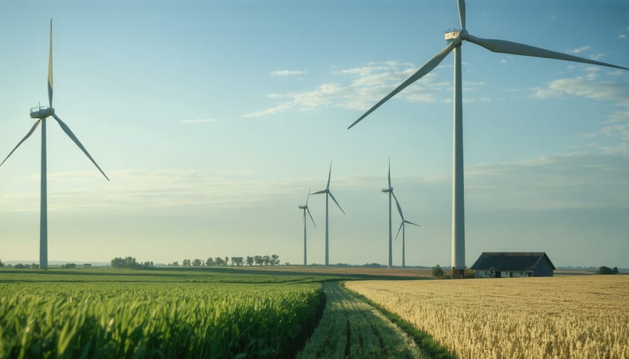 Wind turbines on farmland with grazing cattle at sunset