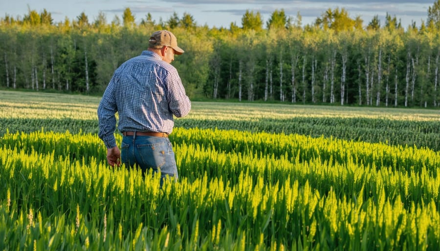 Farmer standing in diverse cover crop field during golden hour
