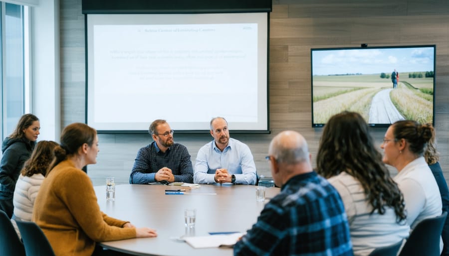 Group of farmers and policy experts engaged in discussion around wooden conference table