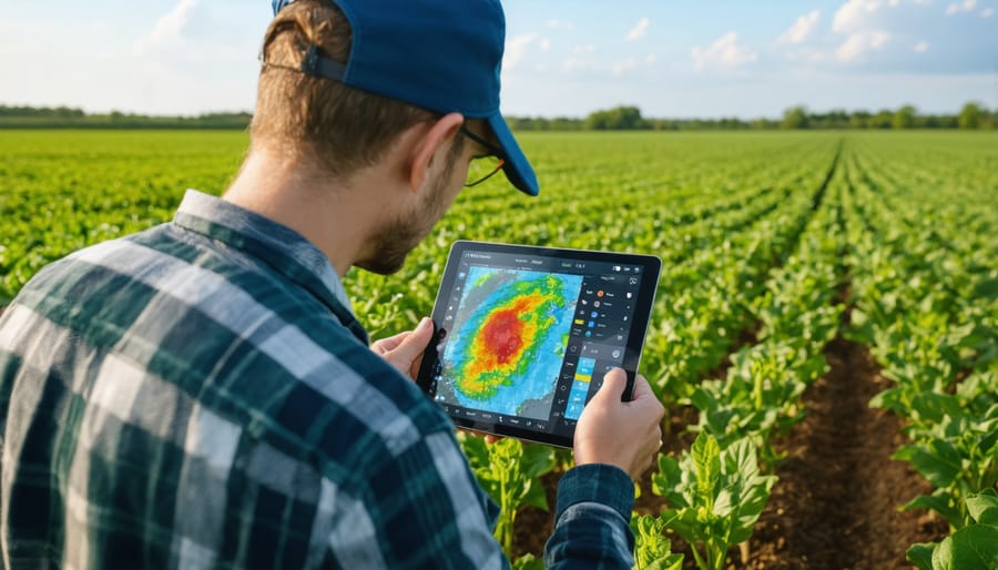 Farmer using mobile device to monitor weather data while standing in crop field