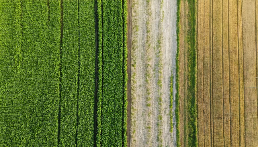 Side-by-side comparison of GMO and organic agricultural fields from above