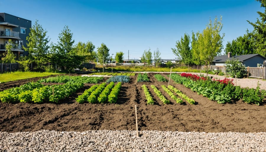 Diverse community garden with people gardening among vegetables and fruit trees in urban setting