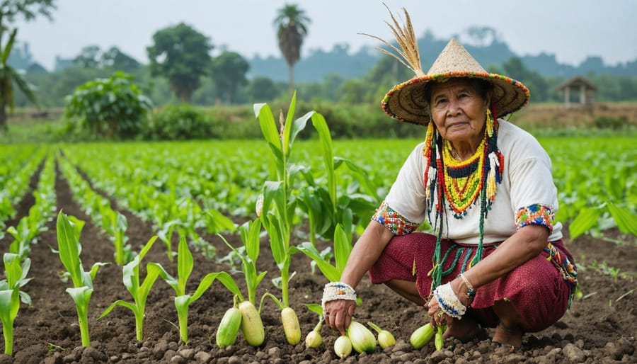 Indigenous agricultural practice showing corn stalks supporting climbing beans with squash growing below