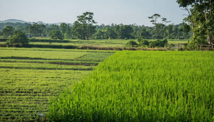 Panoramic view of diverse farm landscape with different agricultural and natural zones