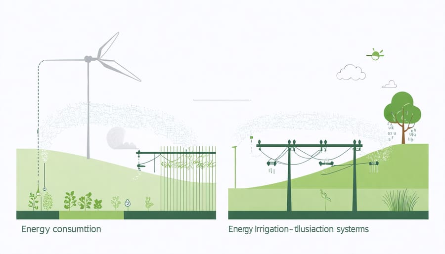Infographic comparing energy usage and carbon emissions of various irrigation methods