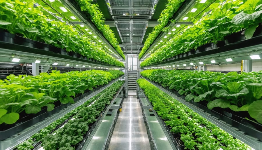 Indoor vertical farming system with LED lights and multiple levels of hydroponic leafy greens