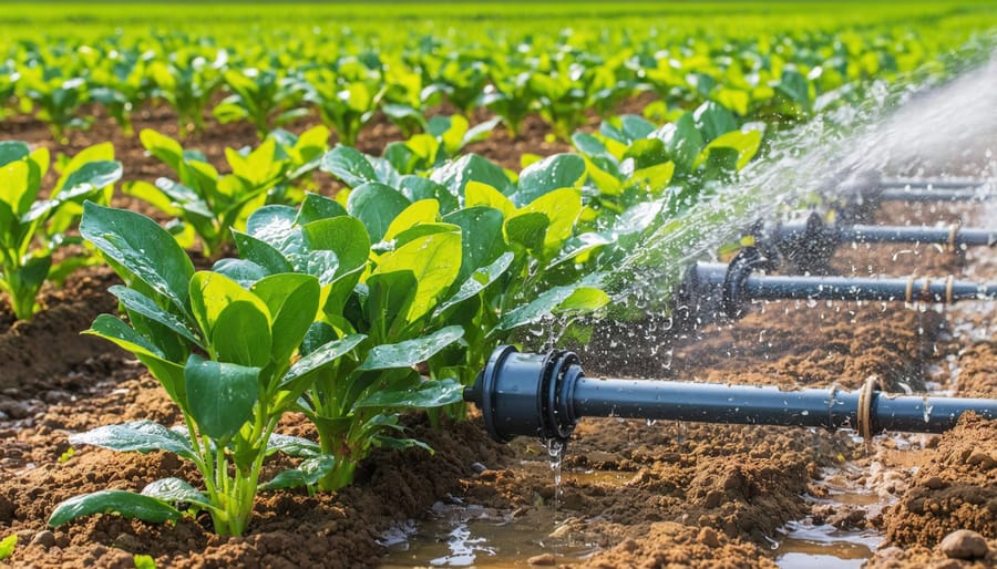 Close-up of water-efficient drip irrigation system with crops in background