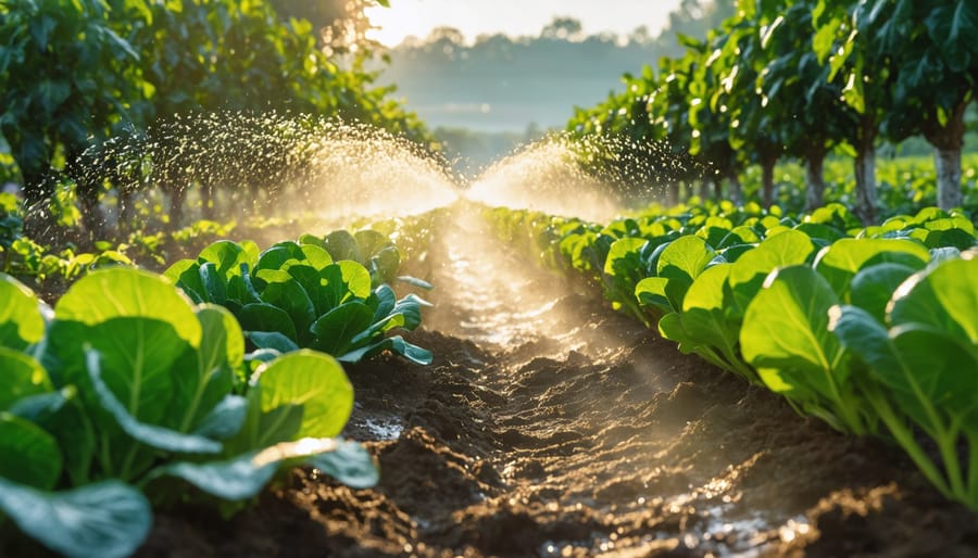 Micro-sprinklers spraying water over rows of vegetables