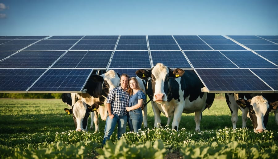 Farming family standing in front of barn with solar panel installation