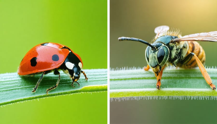 Beneficial insects including ladybugs and wasps naturally controlling agricultural pests on crops