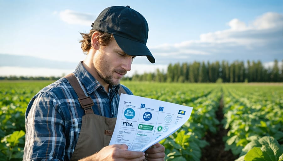 Farmer reviewing organic certification paperwork with official regulatory symbols