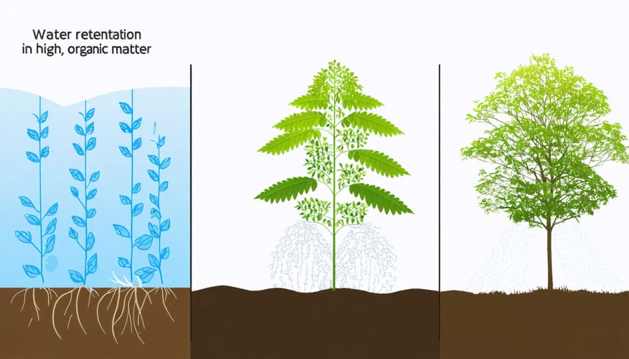 Side-by-side comparison showing water absorption differences between organic-rich and organic-poor soil