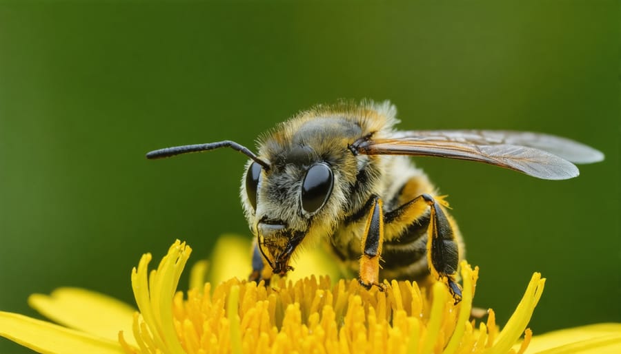Close-up of bee collecting pollen from yellow canola flower