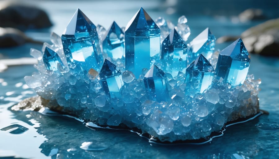 Close-up of blue hydrogel crystals on dark soil showing water absorption