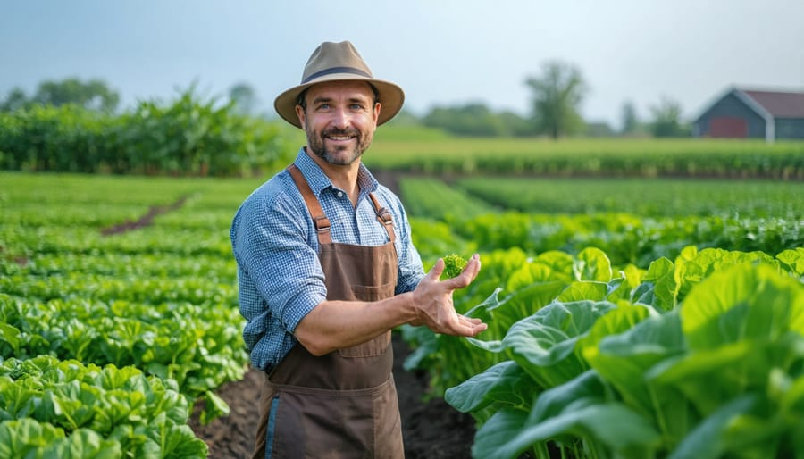 Farmer applying soil amendments by hand in vegetable garden rows
