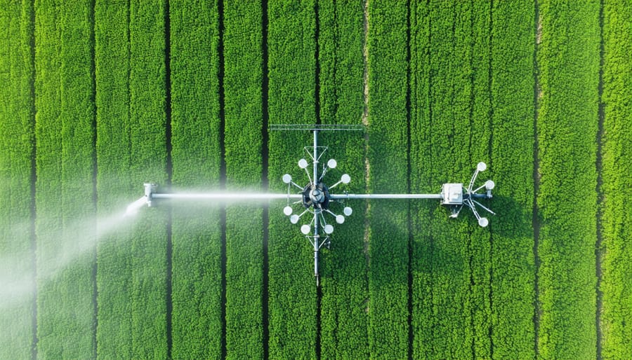 Drone photograph of circular irrigation system in Alberta farmland with visible sensor installations