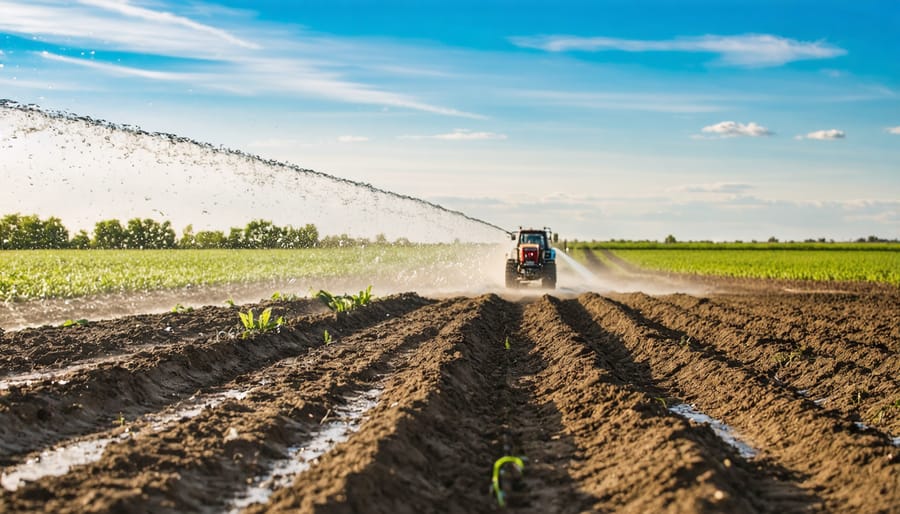 Modern irrigation sprinkler spraying water over green crop field