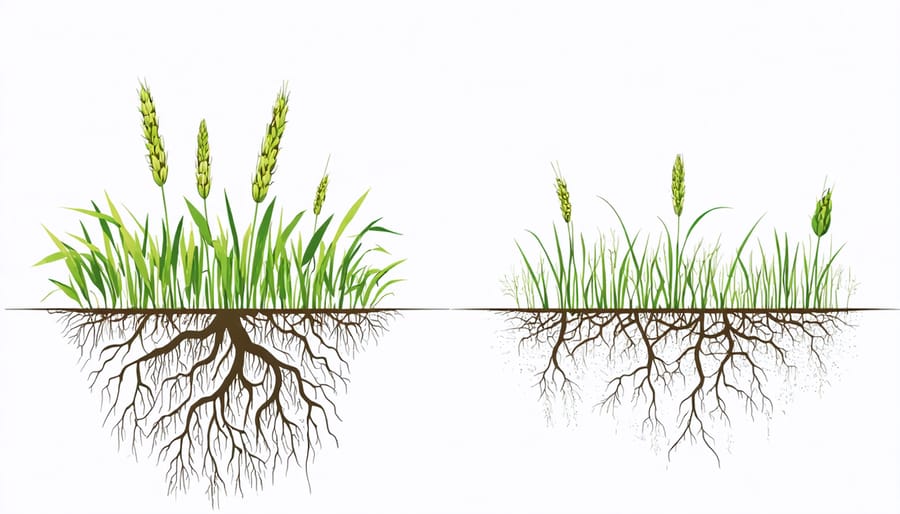 Cross-sectional illustration comparing prairie winds grass deep root system to typical agricultural crops
