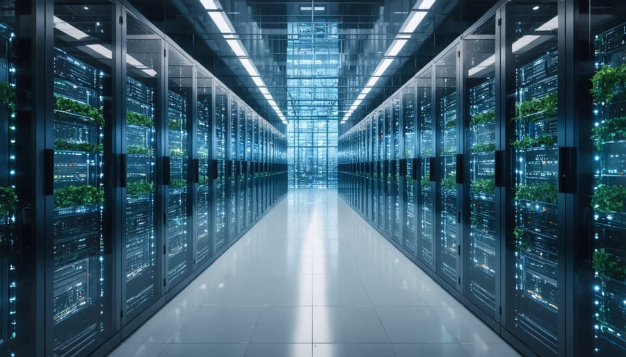 Secure data center with biometric access panel and rows of server racks