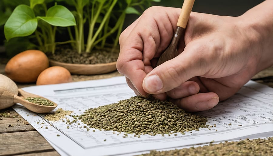 Farmer reviewing seed sourcing documentation and catalog for organic certification records