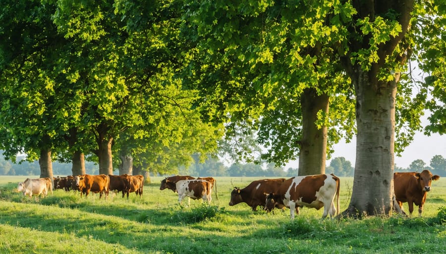 Cattle grazing in grass beneath large evergreen trees with sunlight filtering through branches