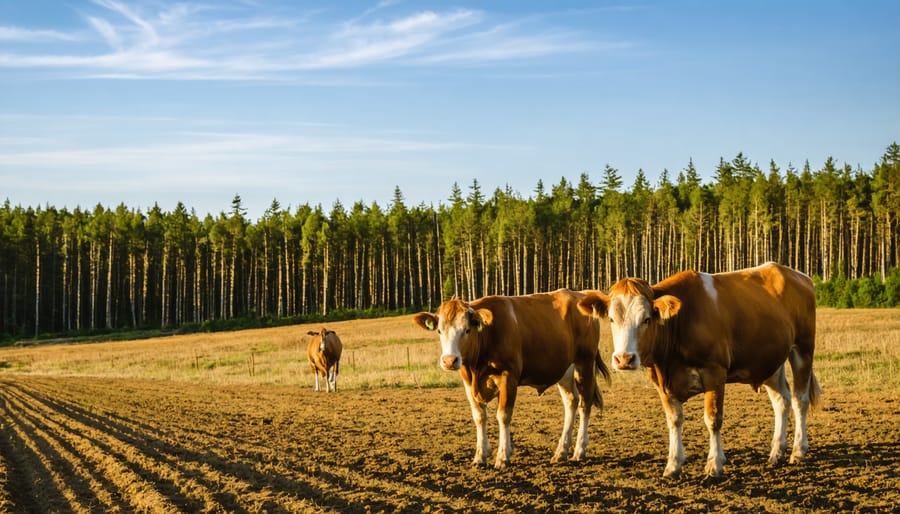Wide view of farm showing integrated tree rows, grazing animals, and harvested hay bales