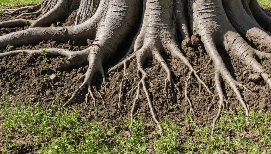 Close-up of dark fertile soil showing tree roots and grass roots growing together