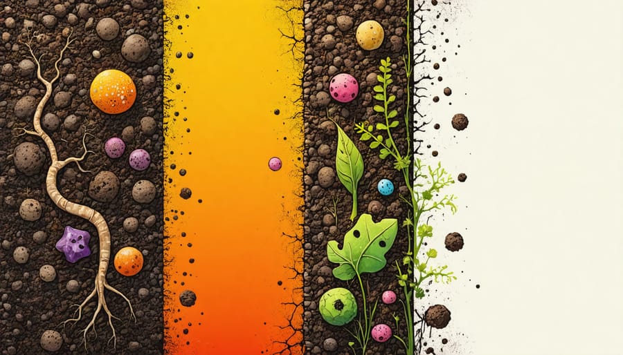 Side-by-side comparison of healthy and unhealthy soil ecosystems showing microbial activity