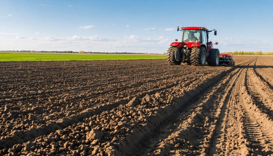 Farmer examining healthy soil in hands while kneeling in field