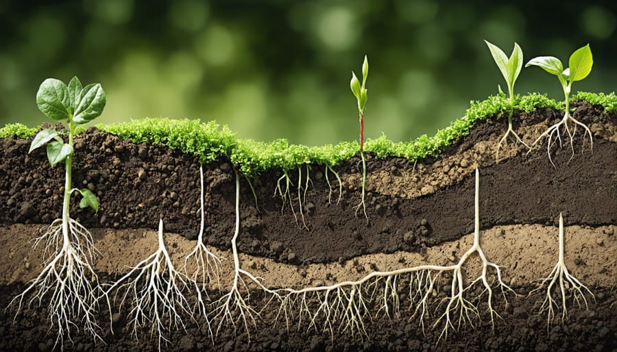 Layered soil profile showing dark organic matter, plant roots, and soil organisms
