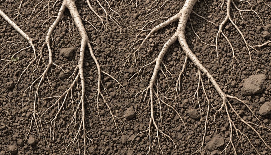 Macro view of soil profile with visible root systems and organic matter