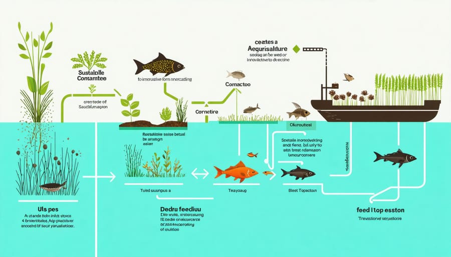 Diagram illustrating sustainable aquaculture feed management system and processes