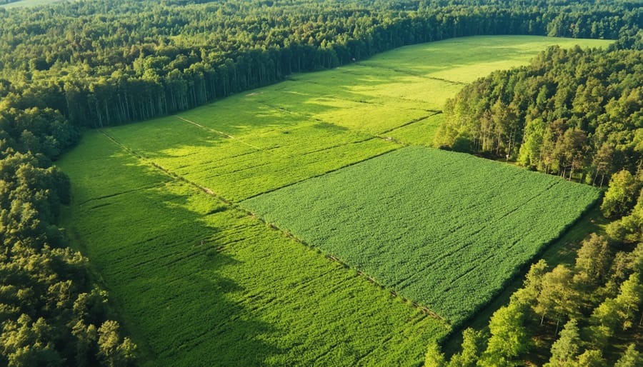 Bird's eye view of successfully restored forest areas integrated with agricultural land