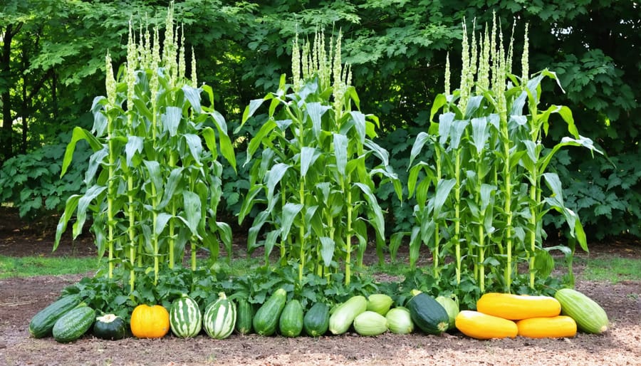 Indigenous Three Sisters companion planting method showing corn, beans, and squash growing together