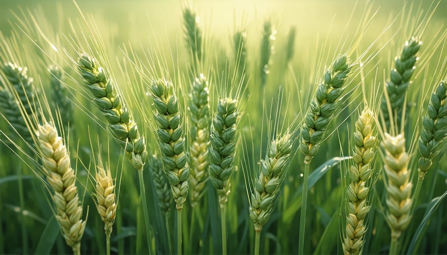 Low-angle view of golden wheat field against blue sky