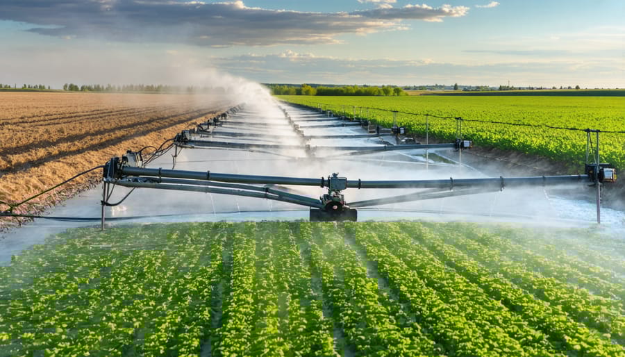 Center pivot irrigation system watering wheat field in Alberta prairie landscape