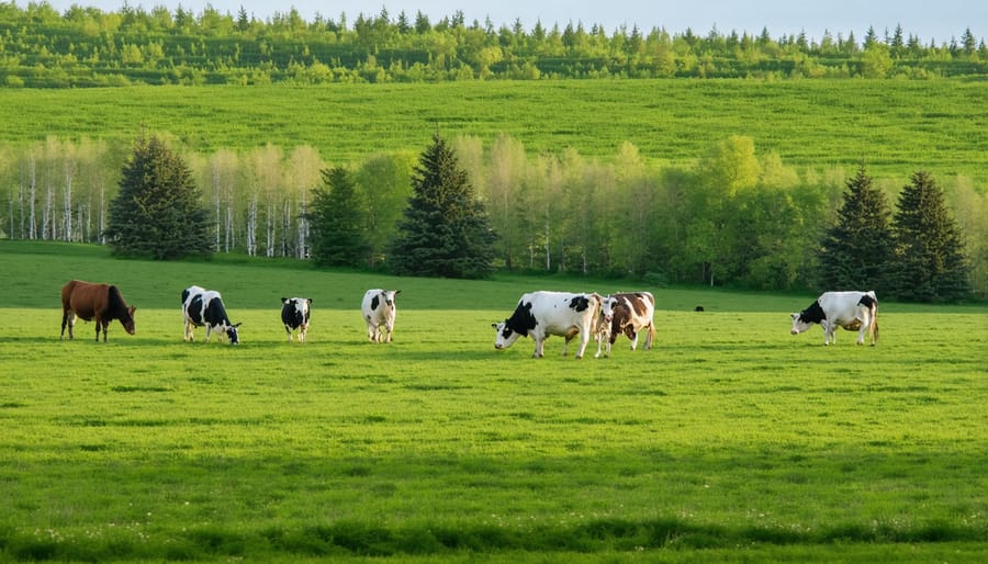 Canadian farmer observing cattle grazing in silvopasture system with mature trees