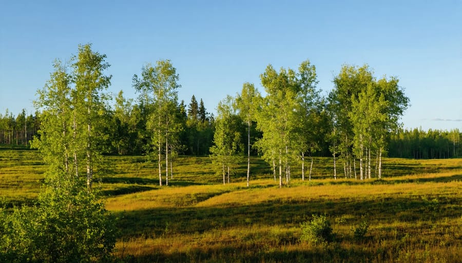 Rows of protected young tree saplings planted in snow-covered prairie field