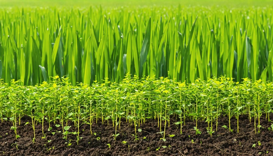 Close-up of mixed cover crop species including grasses and legumes growing together