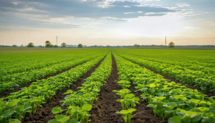 Mixed cover crop field with oats and peas growing together on prairie farmland