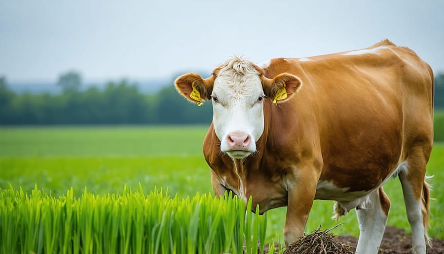 Cattle grazing through crop stubble on integrated farm operation with prairie landscape