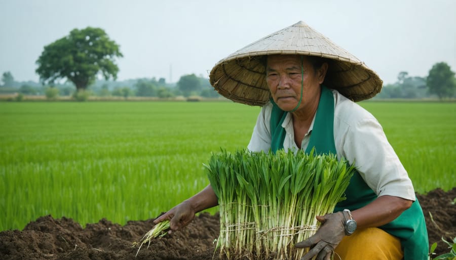 Farmer's hands holding multilingual agricultural information pamphlets with farm setting in background