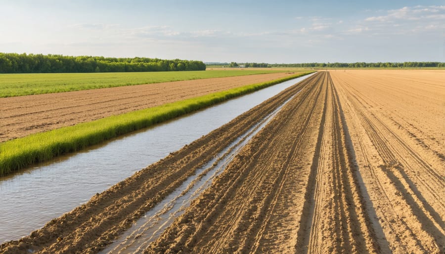 Wide view of irrigated farm field on Alberta prairie under dramatic sky